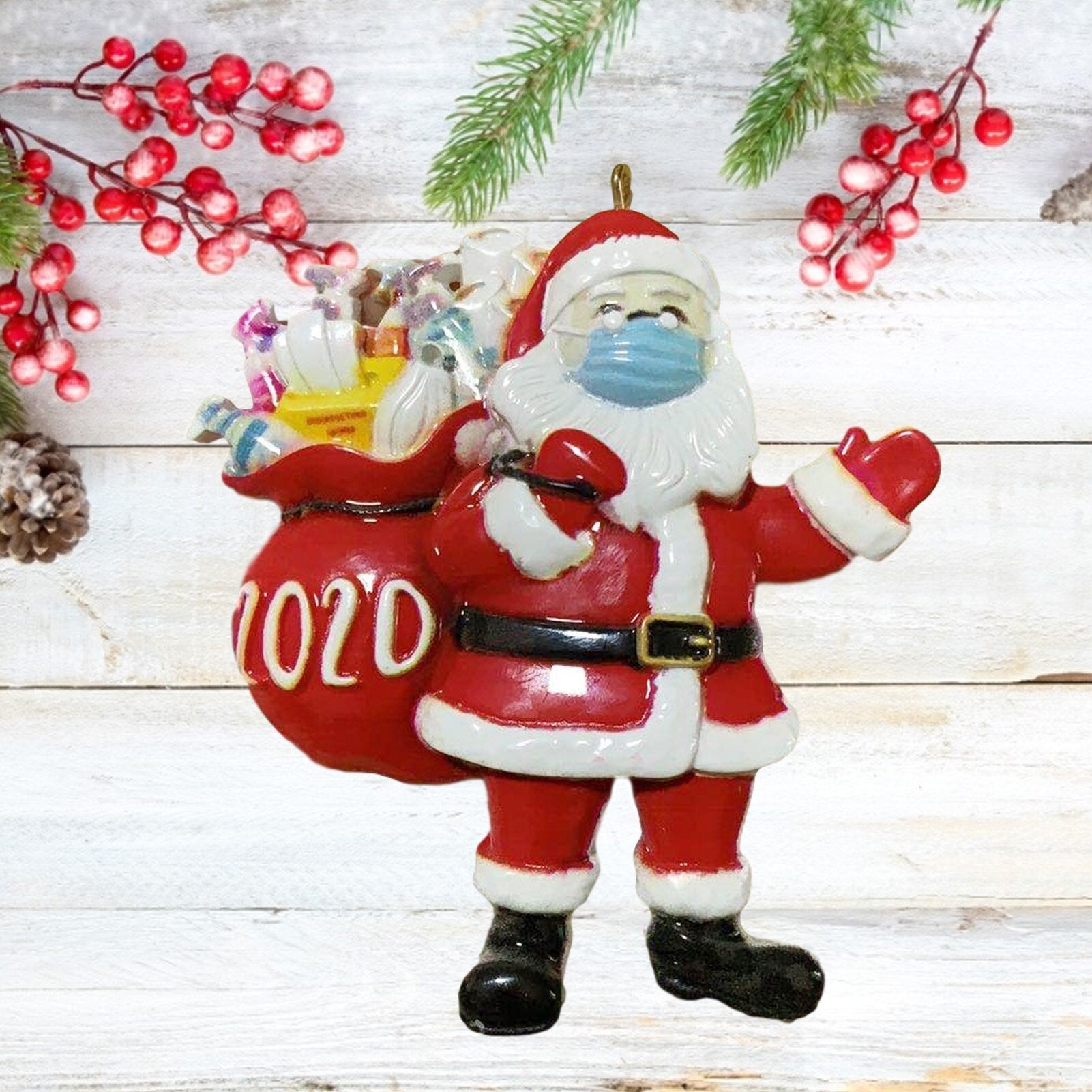 Santa Wearing A Mask Ornament 2020 | Memorial Christmas Tree Decoration | Quarantine Santa Claus Holiday Navidad Gift