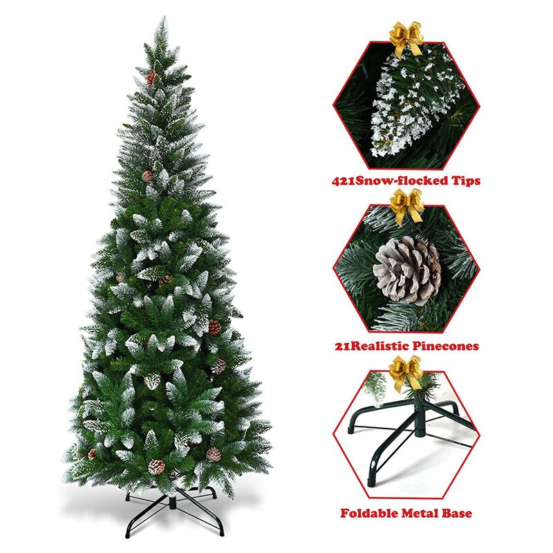 Festive 6ft Pencil Christmas Tree - Realistic PVC Branches With Decorative Pinecones
