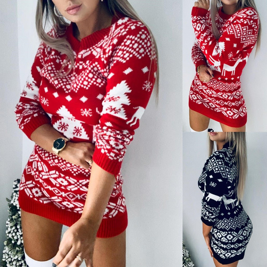 Women's Knitted Elk Snowflake Sweater Dress