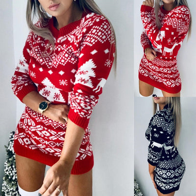 Women's Knitted Elk Snowflake Sweater Dress