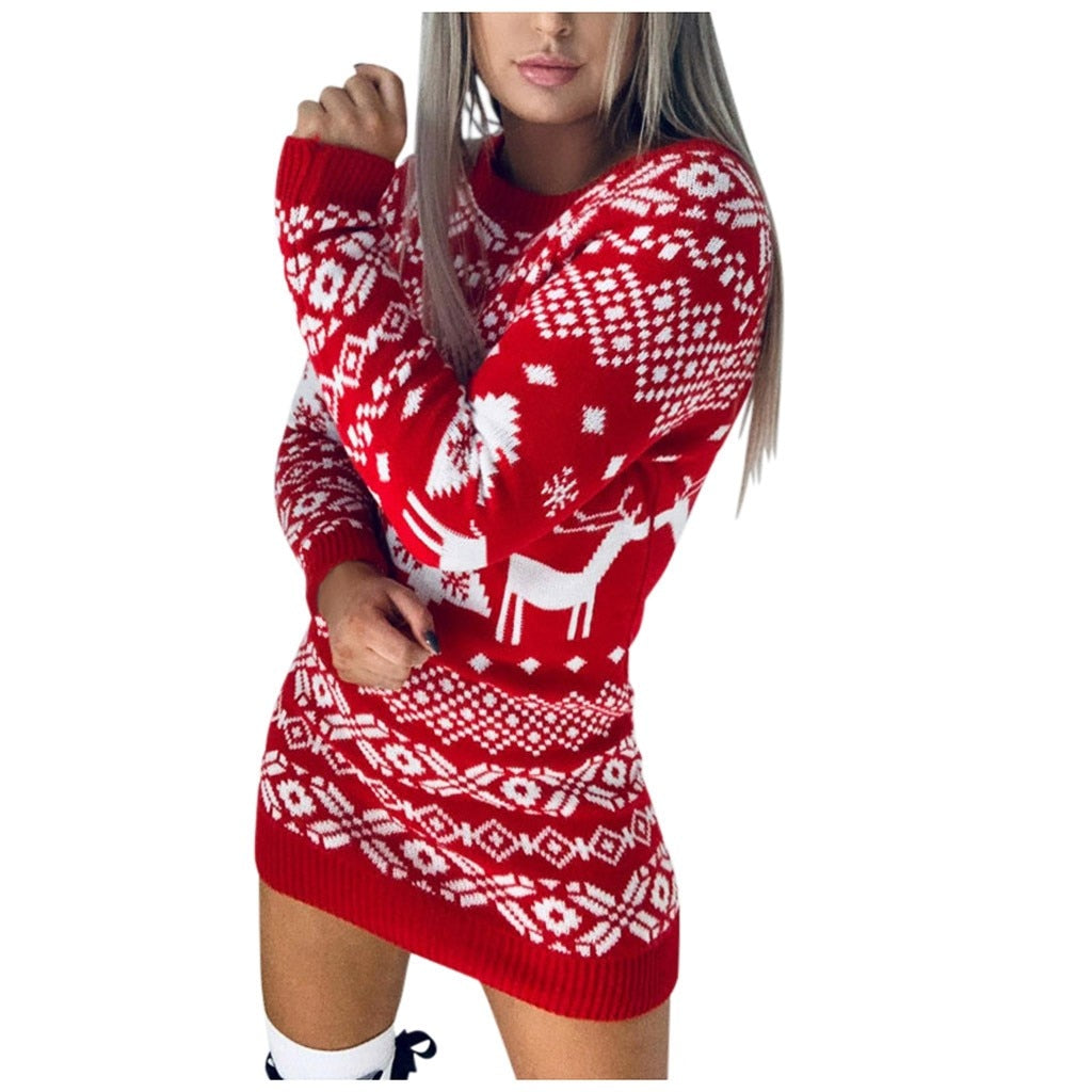 Women's Knitted Elk Snowflake Sweater Dress