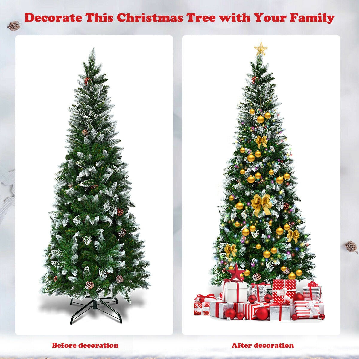 Festive 6ft Pencil Christmas Tree - Realistic PVC Branches With Decorative Pinecones