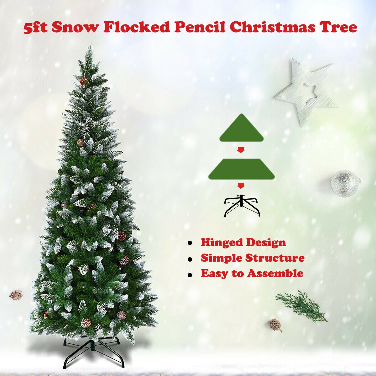 Festive 6ft Pencil Christmas Tree - Realistic PVC Branches With Decorative Pinecones
