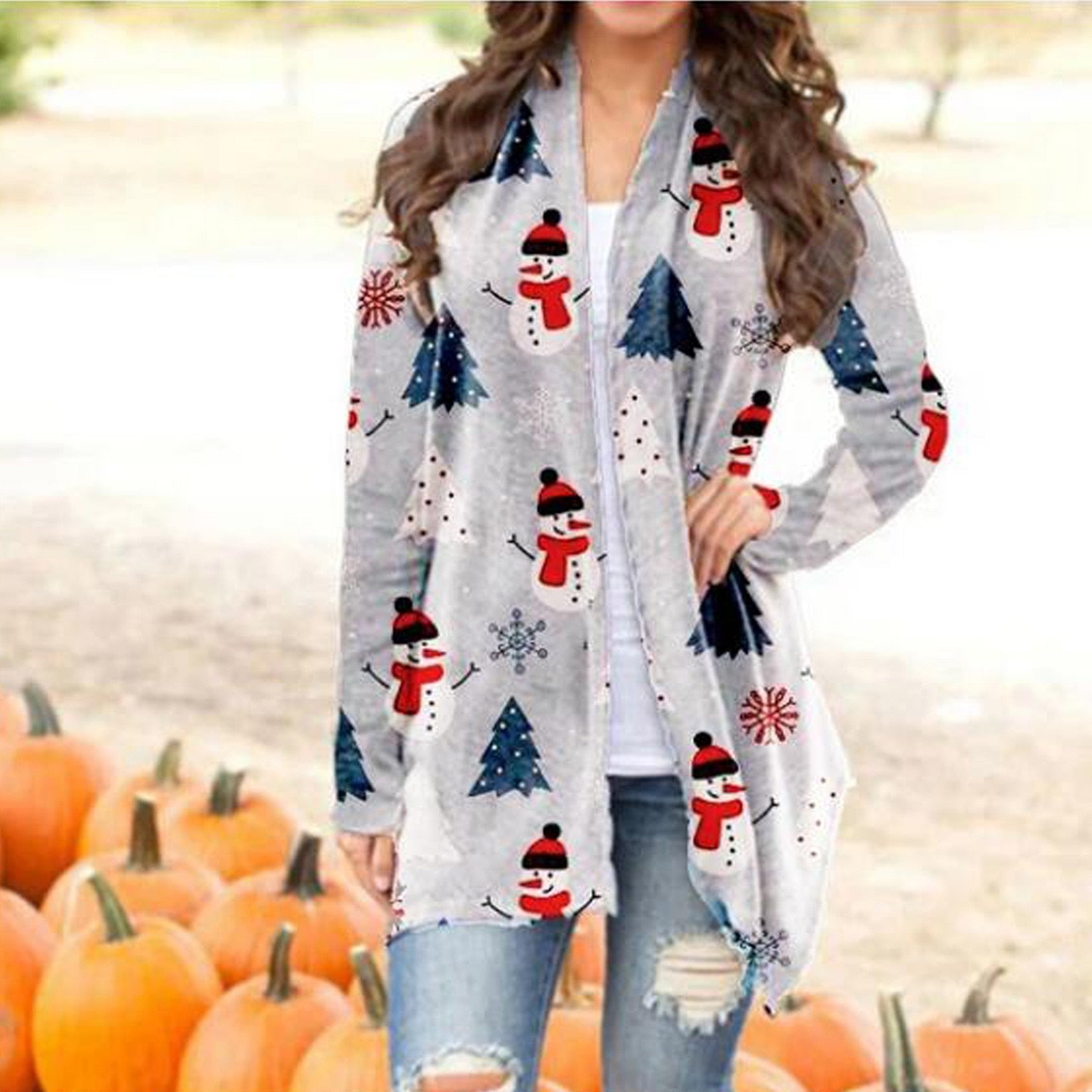 Sweater Womens Christmas Snowman Open Front Long Sleeve Loose Flowy Hem Cardigan Coat Blouse christmas sweater christmas clothes