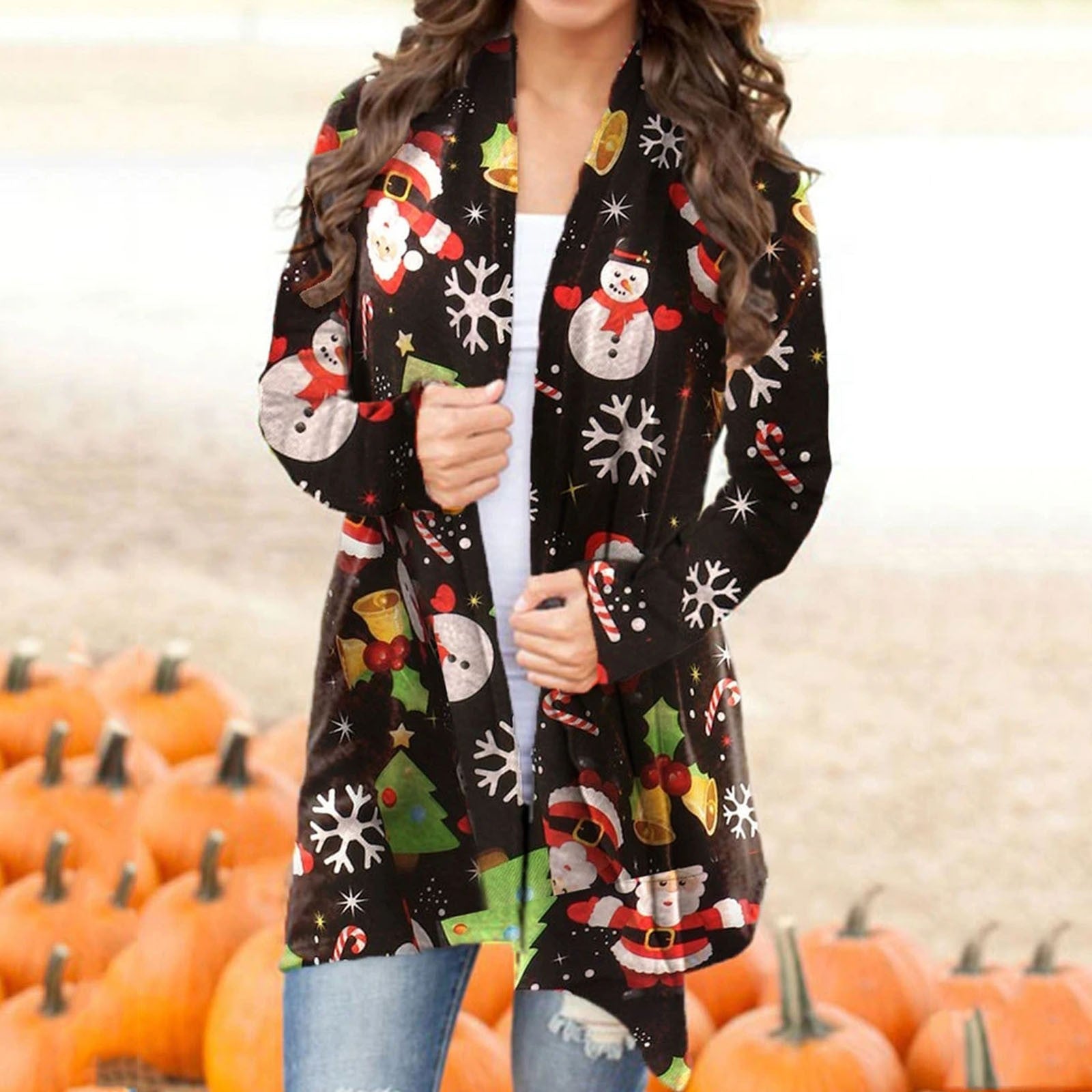 Sweater Womens Christmas Snowman Open Front Long Sleeve Loose Flowy Hem Cardigan Coat Blouse christmas sweater christmas clothes