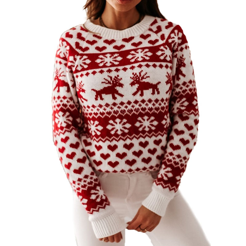 Women Christmas Elk Printed Sweater Elegant Fashion Full Length Regular Sleeve Round Neck Pullover Sweaters