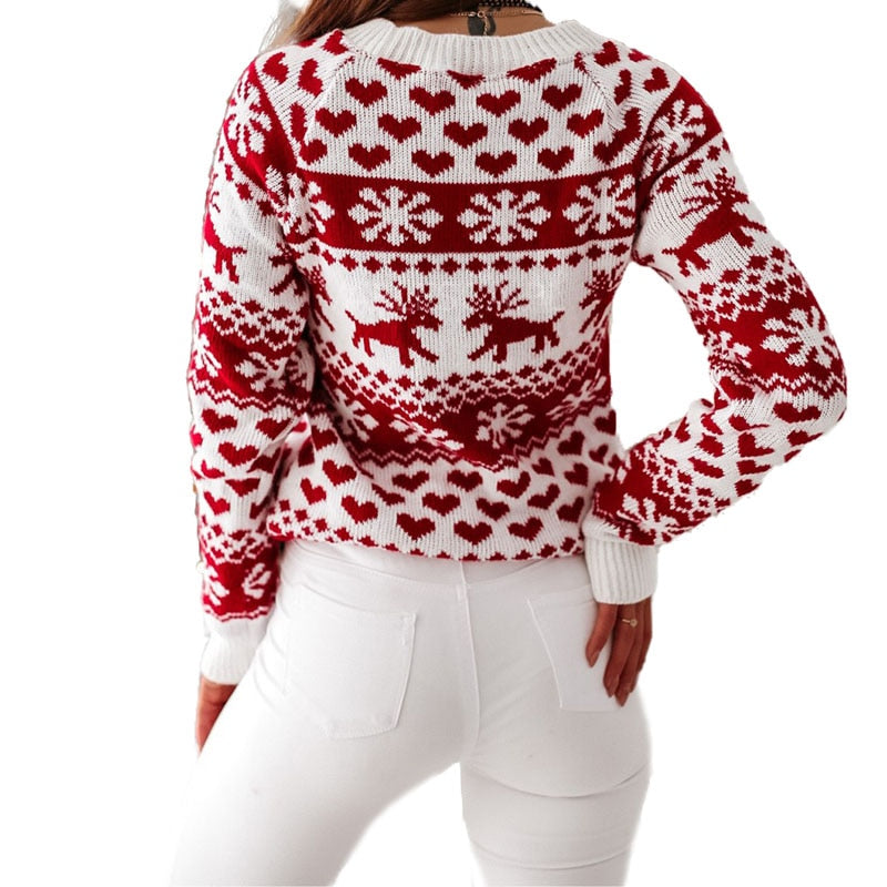 Women Christmas Elk Printed Sweater Elegant Fashion Full Length Regular Sleeve Round Neck Pullover Sweaters