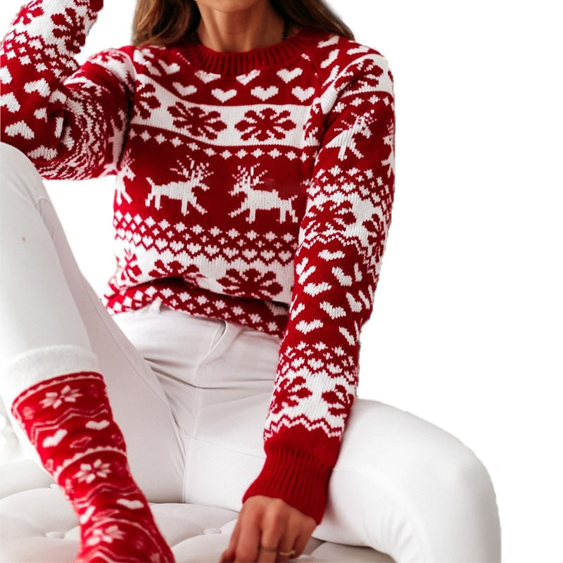 Women Christmas Elk Printed Sweater Elegant Fashion Full Length Regular Sleeve Round Neck Pullover Sweaters