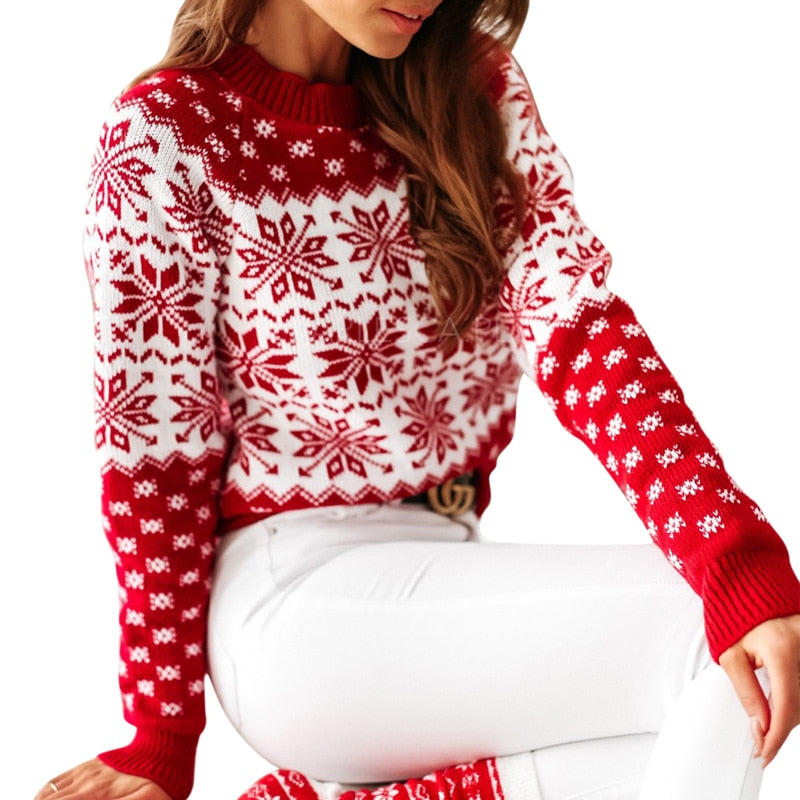 Women Christmas Elk Printed Sweater Elegant Fashion Full Length Regular Sleeve Round Neck Pullover Sweaters