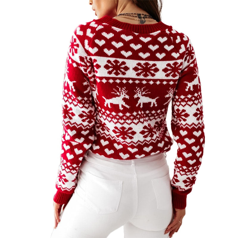 Women Christmas Elk Printed Sweater Elegant Fashion Full Length Regular Sleeve Round Neck Pullover Sweaters