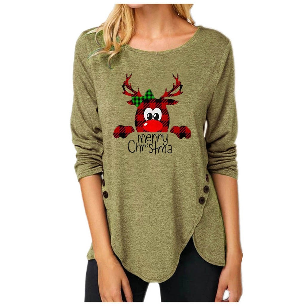 Women christmas Irregular Button Long Sleeved Christmas Print Top Blouse Shirts Top christmas sweater christmas clothes