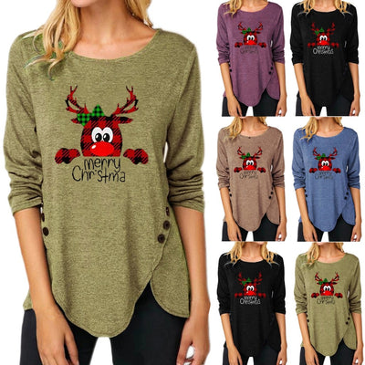 Women christmas Irregular Button Long Sleeved Christmas Print Top Blouse Shirts Top christmas sweater christmas clothes