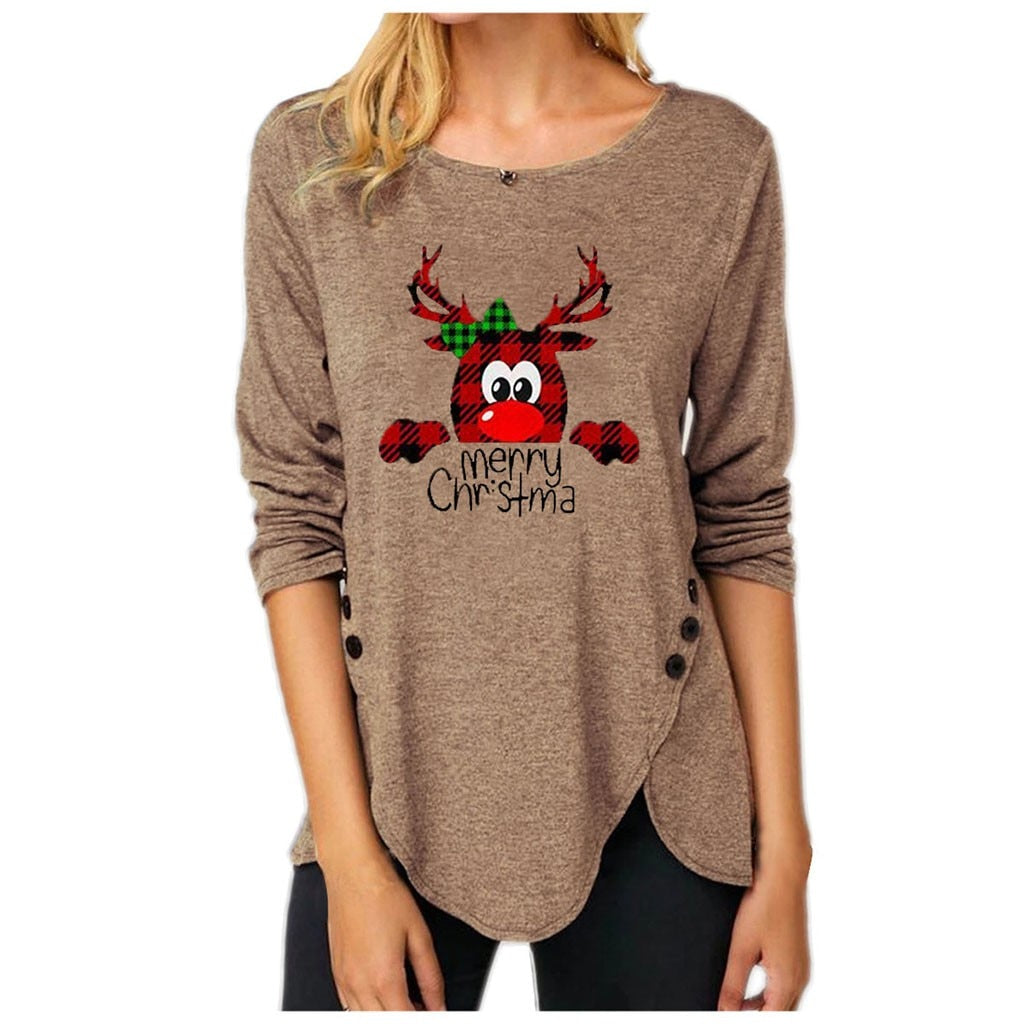 Women christmas Irregular Button Long Sleeved Christmas Print Top Blouse Shirts Top christmas sweater christmas clothes
