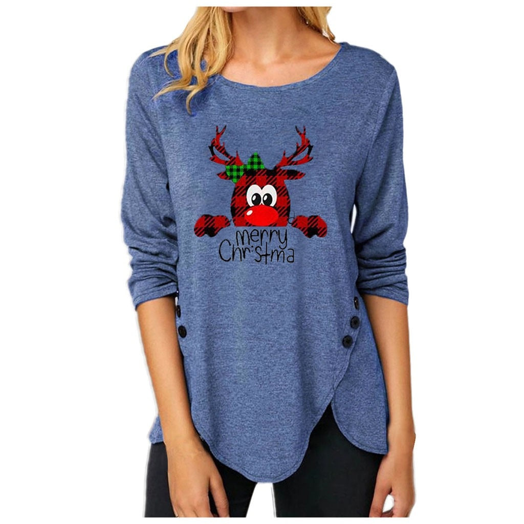 Women christmas Irregular Button Long Sleeved Christmas Print Top Blouse Shirts Top christmas sweater christmas clothes