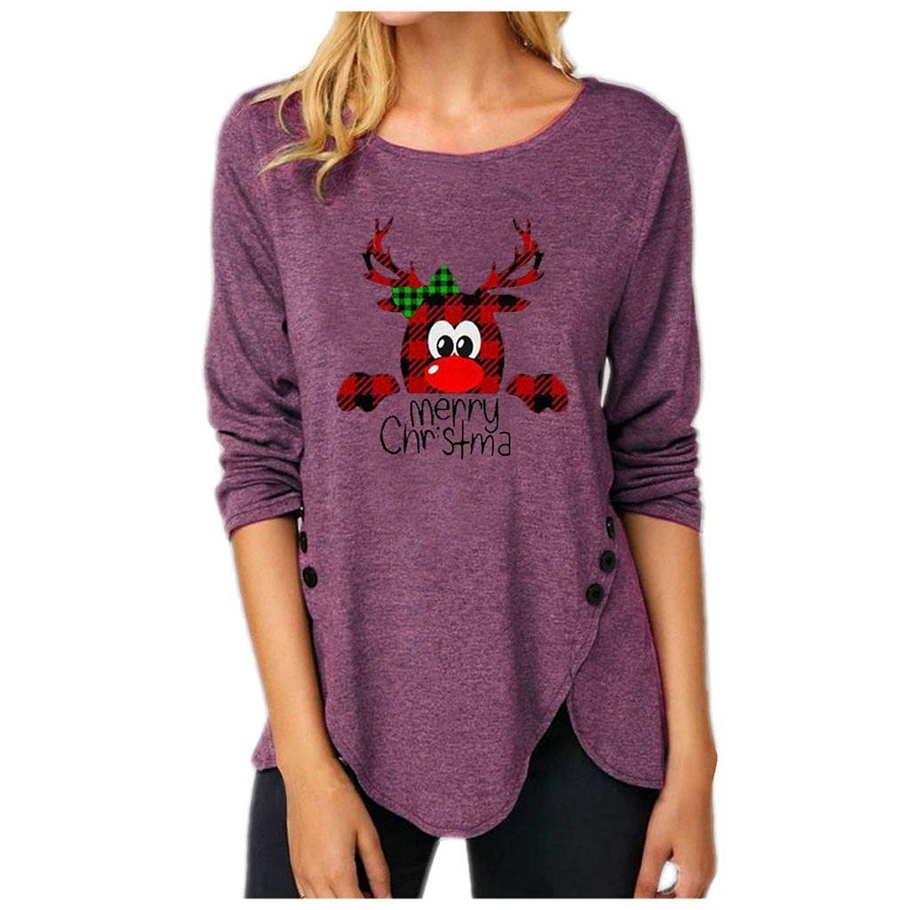 Women christmas Irregular Button Long Sleeved Christmas Print Top Blouse Shirts Top christmas sweater christmas clothes
