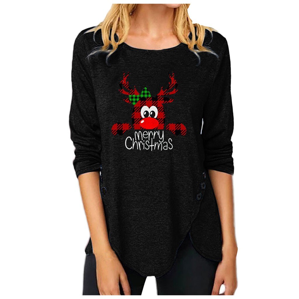 Women christmas Irregular Button Long Sleeved Christmas Print Top Blouse Shirts Top christmas sweater christmas clothes