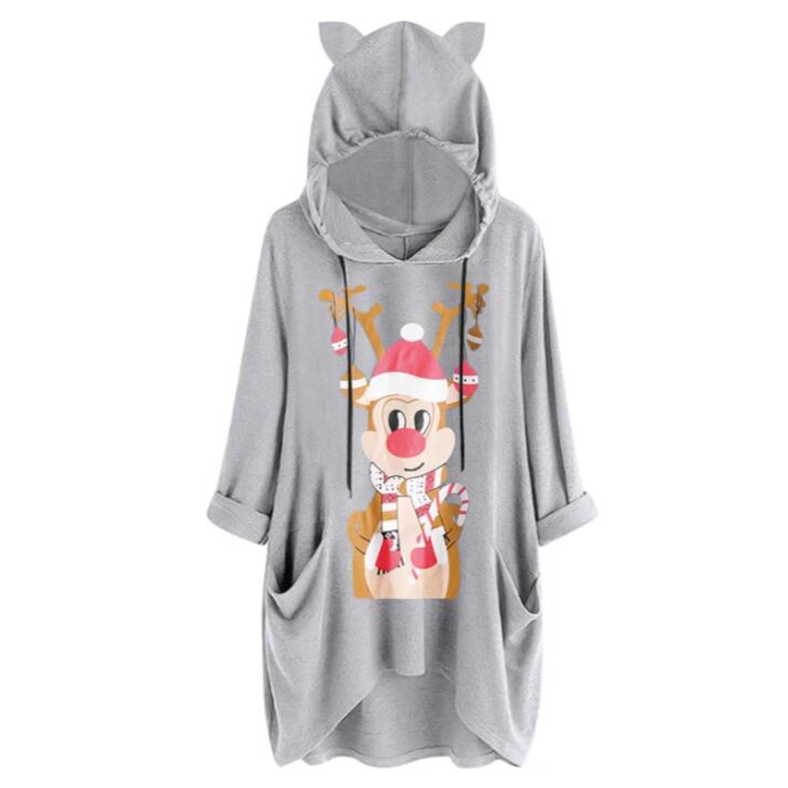 Women christmas jumper Casual Deer Print Hooded Long Sleeves Pocket Top Blouse Shirt Top christmas sweater christmas clothes