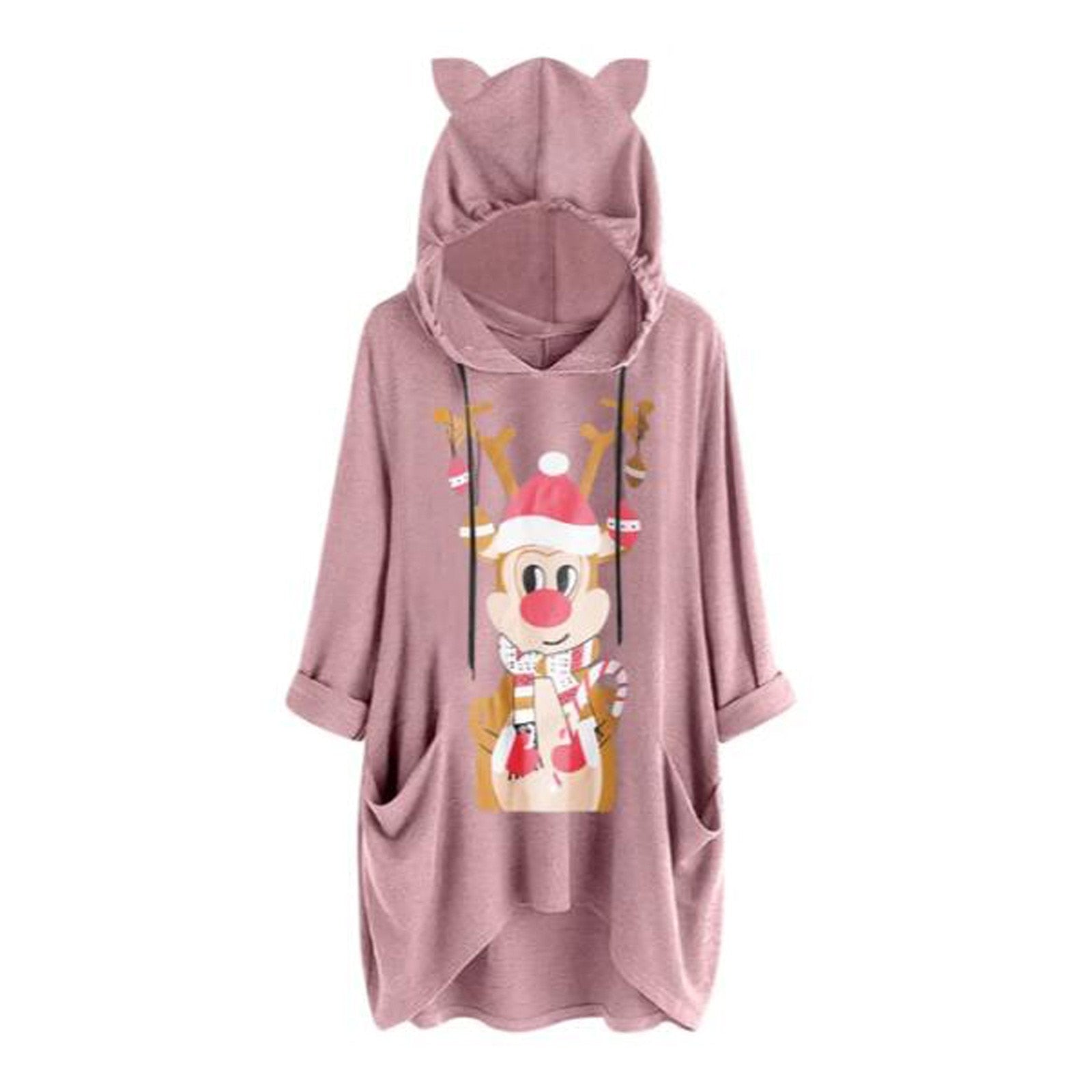 Women christmas jumper Casual Deer Print Hooded Long Sleeves Pocket Top Blouse Shirt Top christmas sweater christmas clothes