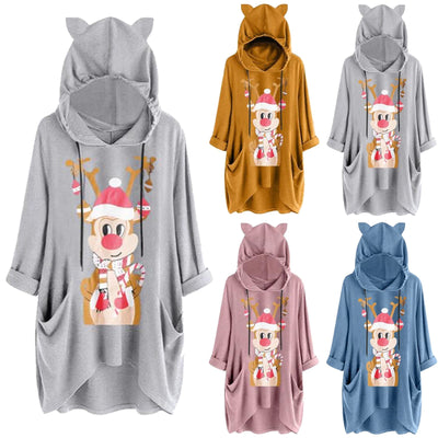 Women christmas jumper Casual Deer Print Hooded Long Sleeves Pocket Top Blouse Shirt Top christmas sweater christmas clothes