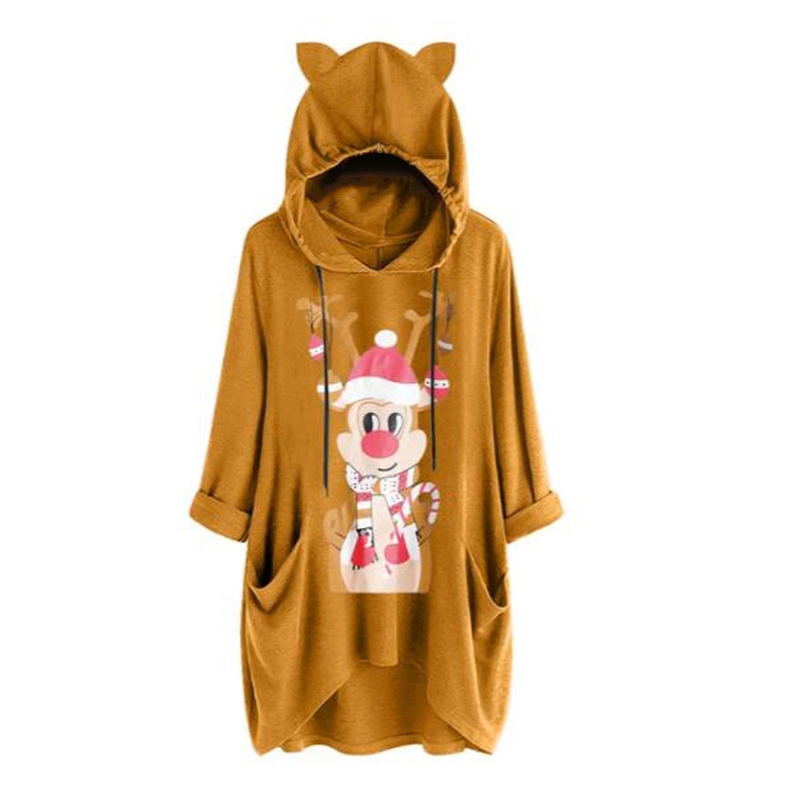 Women christmas jumper Casual Deer Print Hooded Long Sleeves Pocket Top Blouse Shirt Top christmas sweater christmas clothes