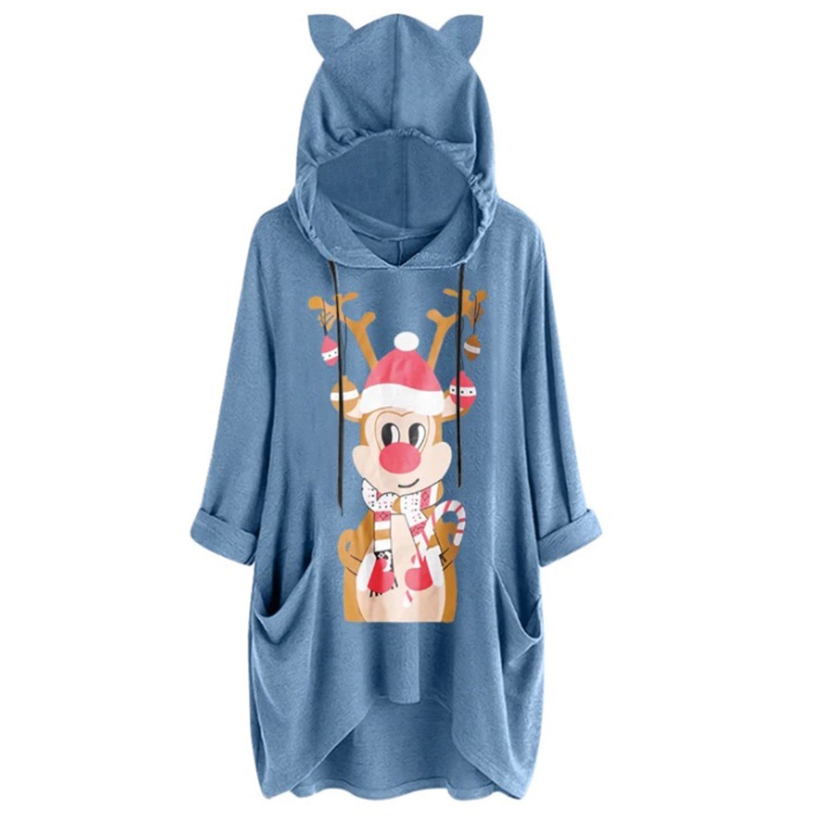 Women christmas jumper Casual Deer Print Hooded Long Sleeves Pocket Top Blouse Shirt Top christmas sweater christmas clothes