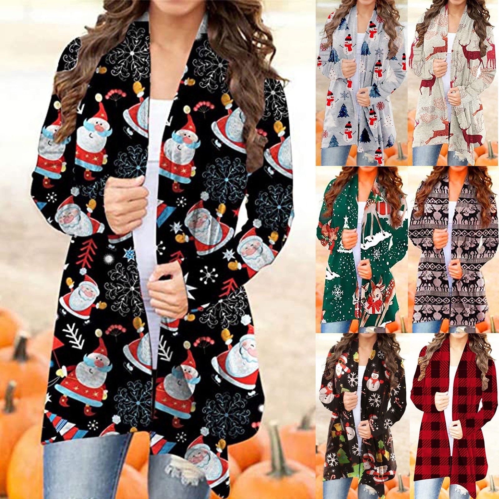 Womens Long Christmas Snowman Open Front Long Sleeve Jacket Loose Flowy Hem Cardigan Coat Christmas Clothes куртка женская