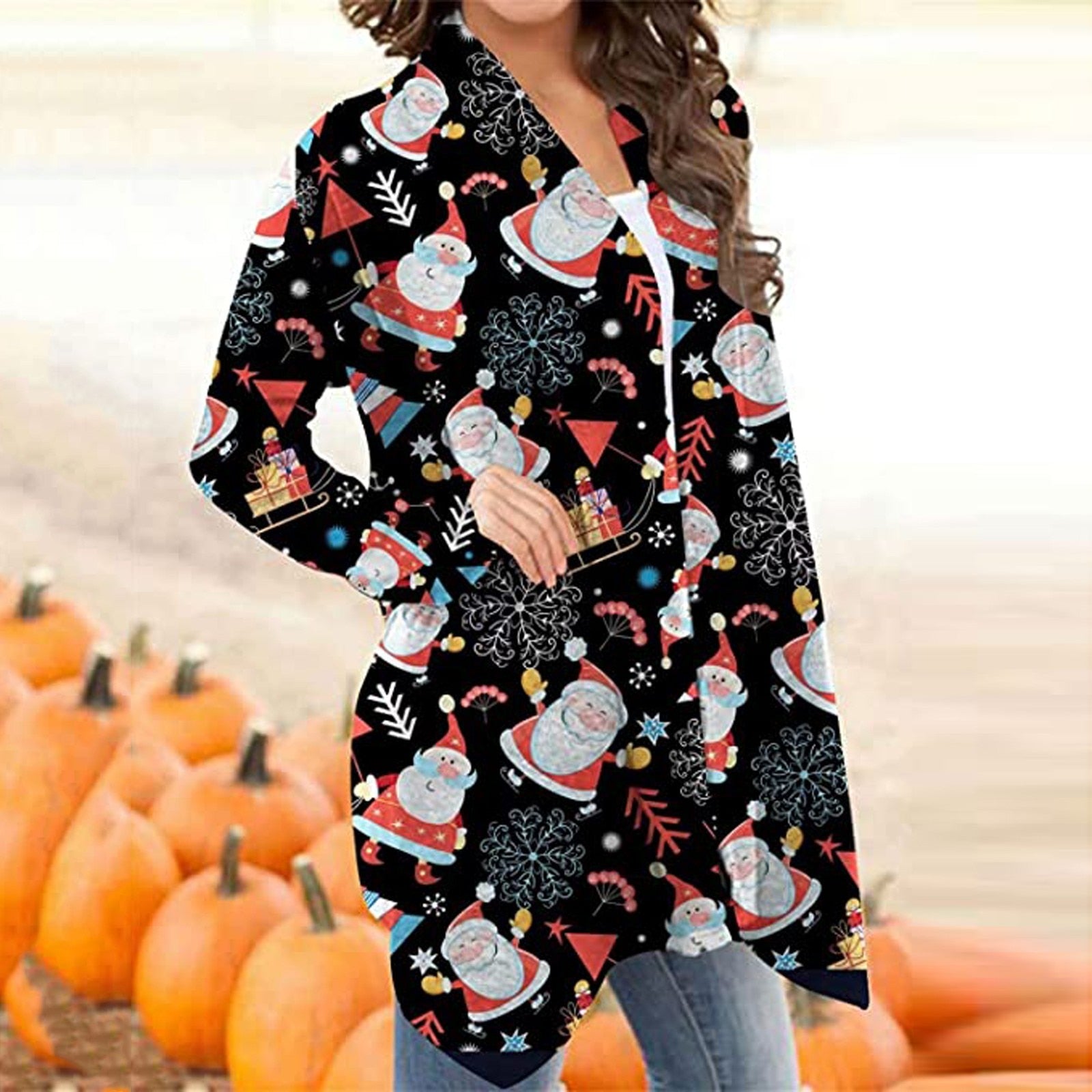 Womens Long Christmas Snowman Open Front Long Sleeve Jacket Loose Flowy Hem Cardigan Coat Christmas Clothes куртка женская