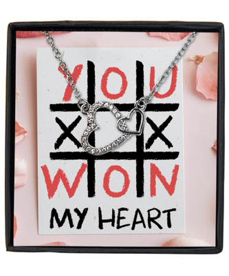 Valentine's Day Gifts For Her, Wife, Fiance, Girlfriend, Women | Luxury Silver-Plated Heart Necklace | Funny Tic Toc Toe Message Card