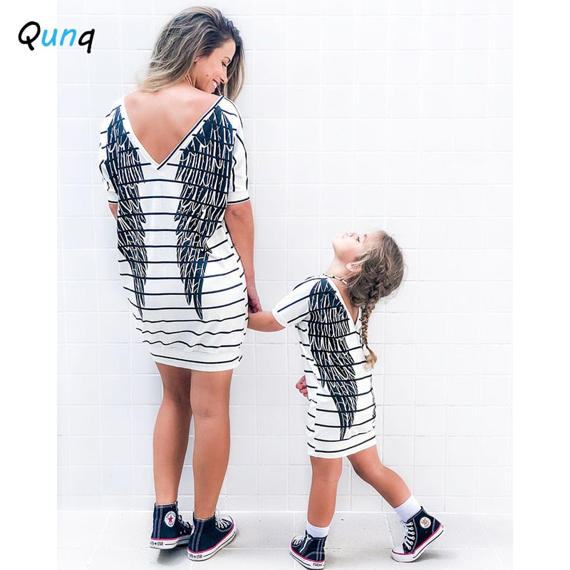 Qunq Mother and Daughter Dress Summer Casual Striped Wings Pattern Family Matching Outfits White Women Girls T-shirt Clothes