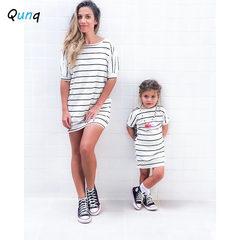 Qunq Mother and Daughter Dress Summer Casual Striped Wings Pattern Family Matching Outfits White Women Girls T-shirt Clothes