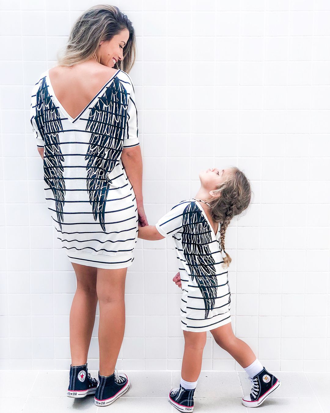 Qunq Mother and Daughter Dress Summer Casual Striped Wings Pattern Family Matching Outfits White Women Girls T-shirt Clothes