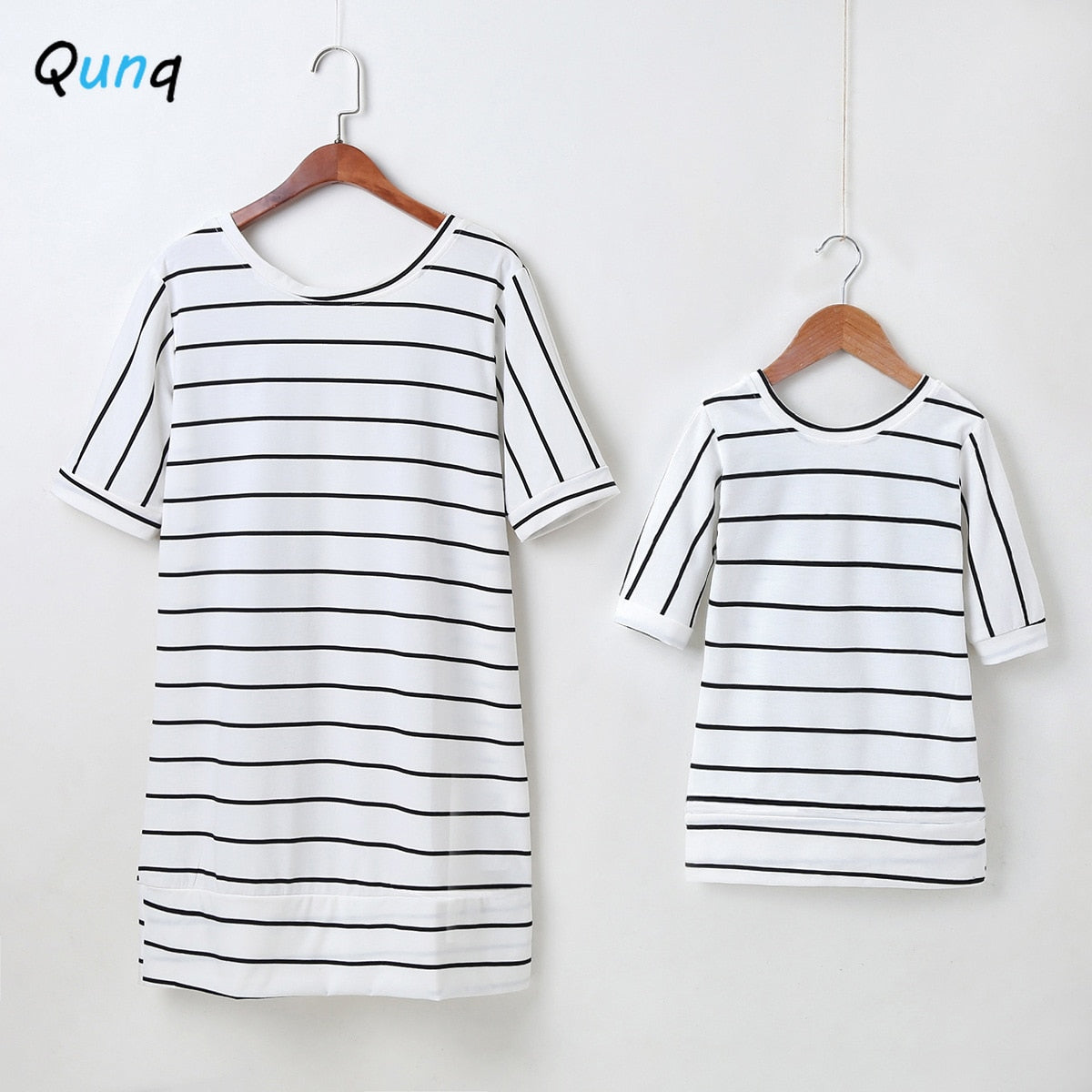 Qunq Mother and Daughter Dress Summer Casual Striped Wings Pattern Family Matching Outfits White Women Girls T-shirt Clothes