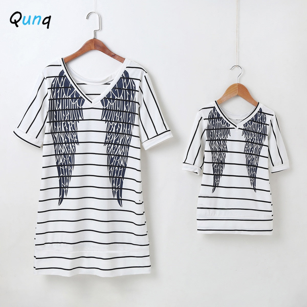 Qunq Mother and Daughter Dress Summer Casual Striped Wings Pattern Family Matching Outfits White Women Girls T-shirt Clothes