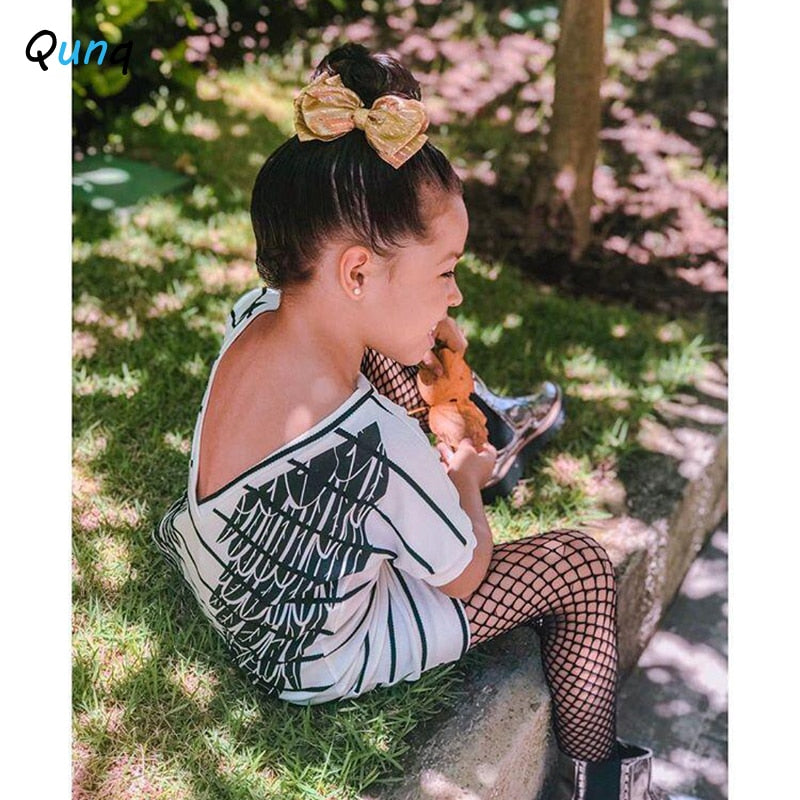 Qunq Mother and Daughter Dress Summer Casual Striped Wings Pattern Family Matching Outfits White Women Girls T-shirt Clothes