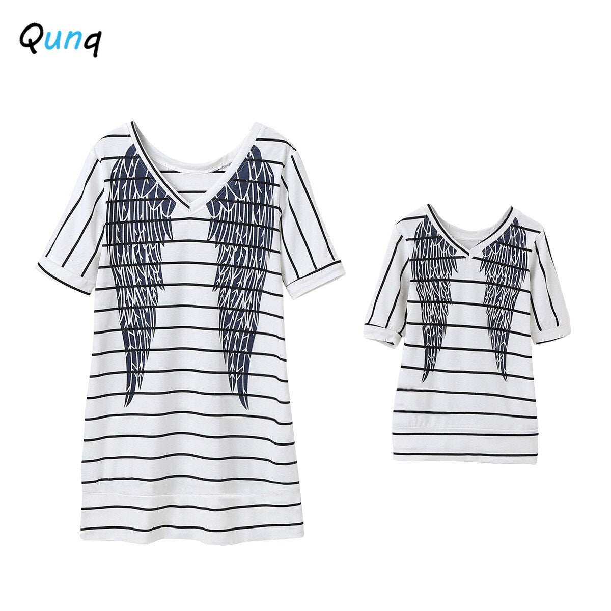 Qunq Mother and Daughter Dress Summer Casual Striped Wings Pattern Family Matching Outfits White Women Girls T-shirt Clothes