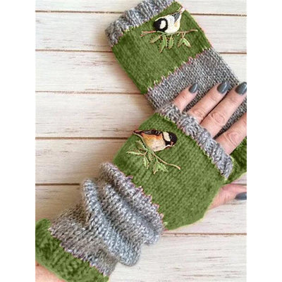 Women Birds Embroidery Gloves Knitted Fingerless Plus Velvet Color Block Splice Mittens Womens Gloves Rekawiczki Damskie Gloves