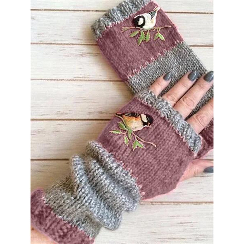 Women Birds Embroidery Gloves Knitted Fingerless Plus Velvet Color Block Splice Mittens Womens Gloves Rekawiczki Damskie Gloves