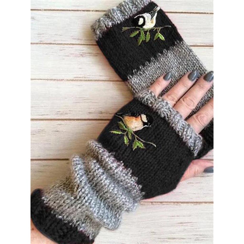 Women Birds Embroidery Gloves Knitted Fingerless Plus Velvet Color Block Splice Mittens Womens Gloves Rekawiczki Damskie Gloves
