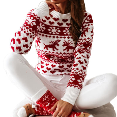 Women Christmas Elk Printed Sweater Elegant Fashion Full Length Regular Sleeve Round Neck Pullover Sweaters