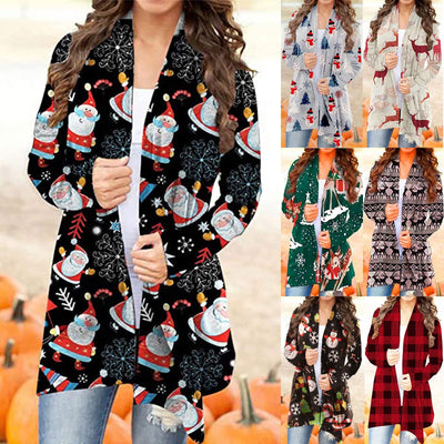 Womens Long Christmas Snowman Open Front Long Sleeve Jacket Loose Flowy Hem Cardigan Coat Christmas Clothes куртка женская
