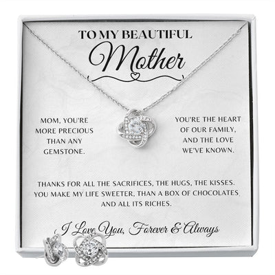Gift for Mother Necklace and Earring Set - Love Knot Necklace - More Precious Than a Gemstone - Mother's Day Jewelry For Mom