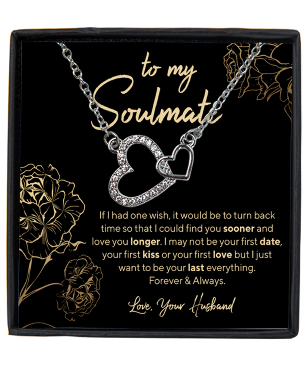 Husband to Soulmate / Wife Interlocking Hearts Silver Plated Necklace WIth Message Card