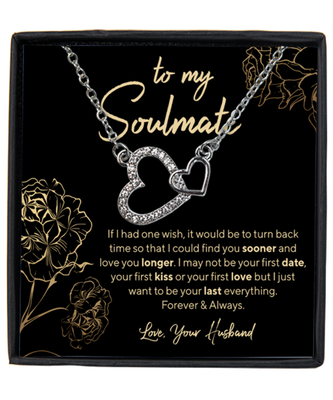 Husband to Soulmate / Wife Interlocking Hearts Silver Plated Necklace WIth Message Card