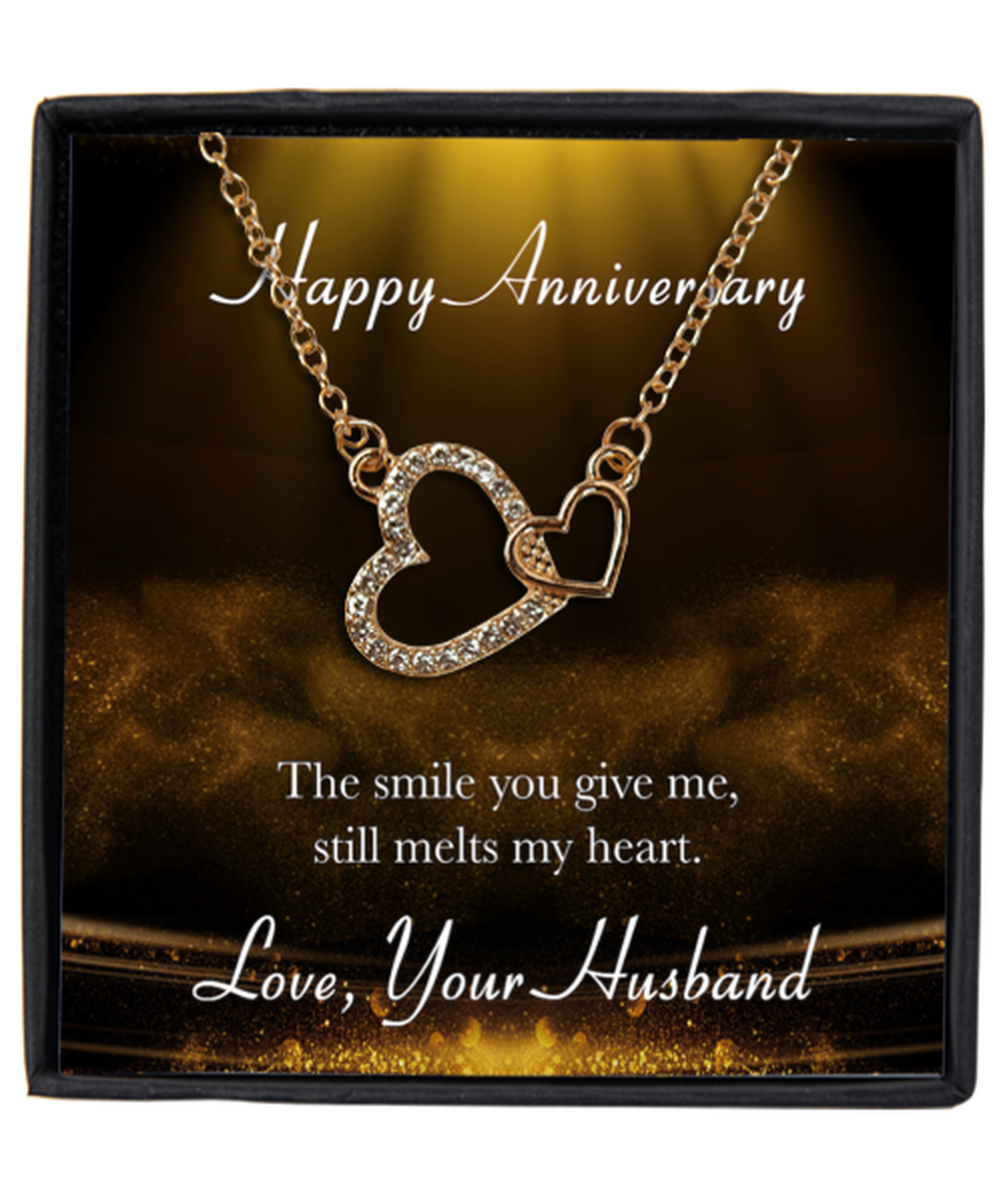 Husband to Wife Happy Anniversary Interlocking Hearts Gold Plated Necklace WIth Message Card