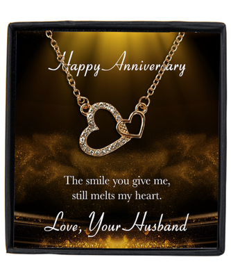 Husband to Wife Happy Anniversary Interlocking Hearts Gold Plated Necklace WIth Message Card