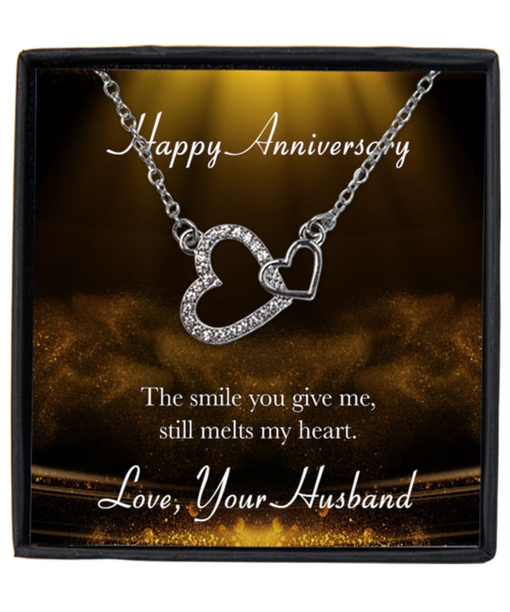 Husband to Wife Happy Anniversary Interlocking Hearts Silver Plated Necklace WIth Message Card