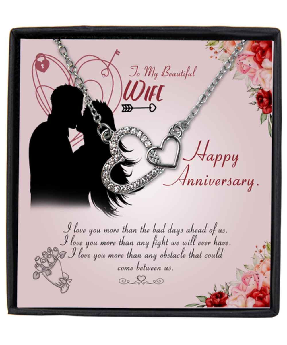 Valentine's Day Gifts For Her, Wife, Women | Luxury Silver-Plated Heart Necklace | Message Card "To My Beautiful Wife, Happy Anniversary"