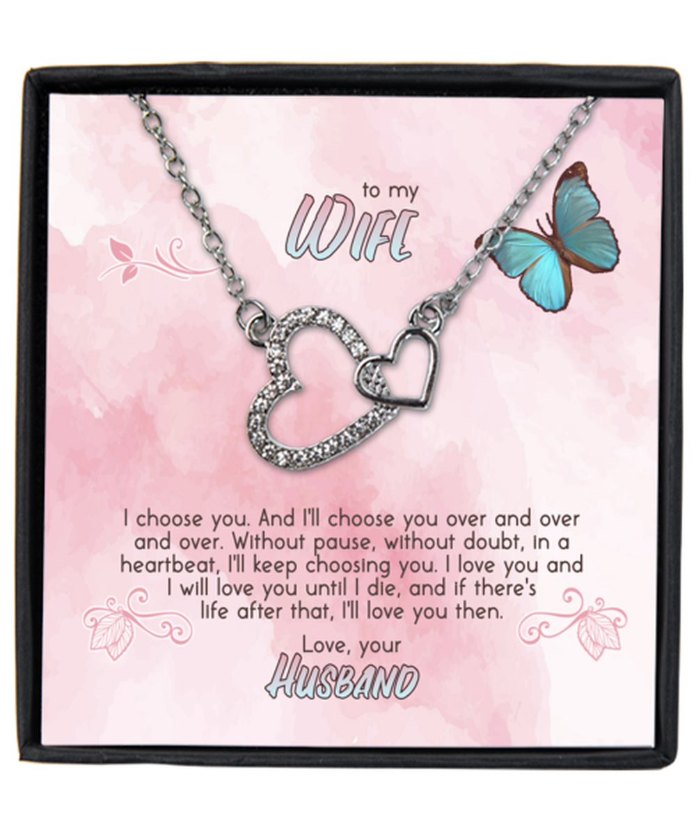 Valentine's Day Gifts For Her, Wife, Women | Luxury Silver-Plated Heart Necklace | Message Card "To My Wife, I Choose You,Love You Until I Die"
