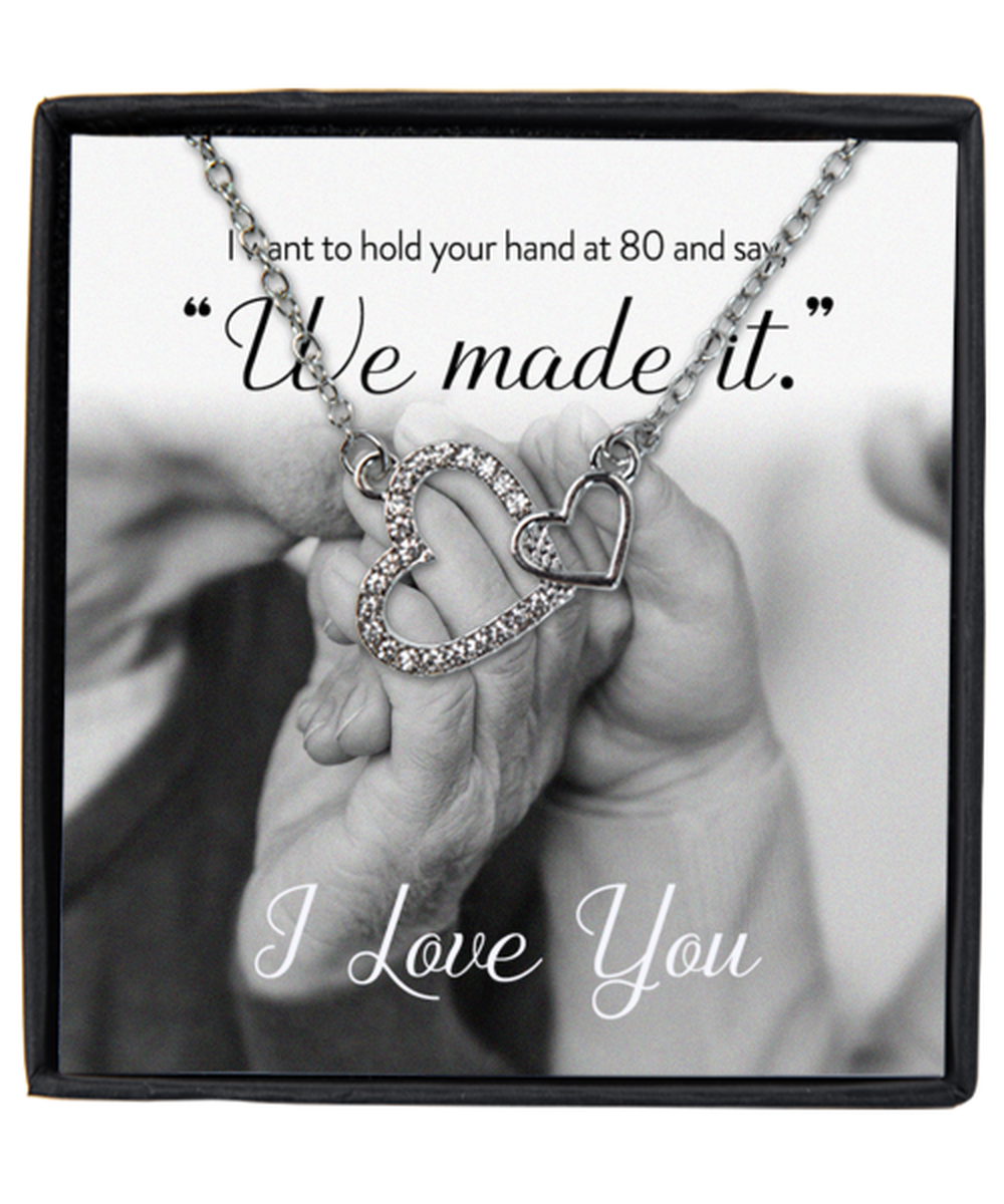 Valentine's Day Gifts For Her, Wife, Fiance, Girlfriend, Women | Luxury Silver-Plated Heart Necklace | Message Card "I Want To Hold Your Hand At 80..We Made It.."