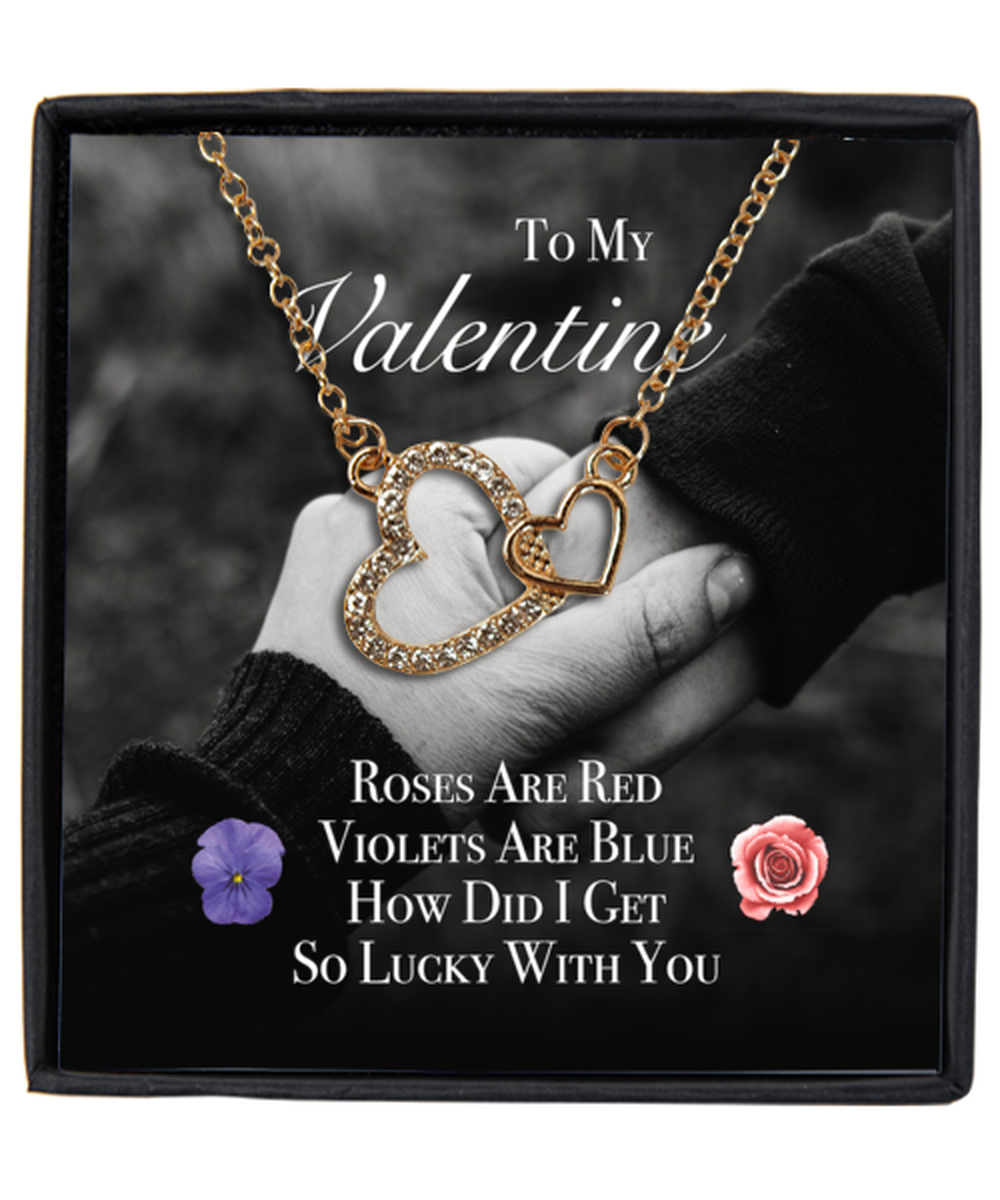 Valentine's Day Gifts For Her, Wife, Fiance, Girlfriend, Women | Luxury Gold-Plated Heart Necklace | Message Card "Roses Are Red, Violets Are Blue..So Lucky With You"